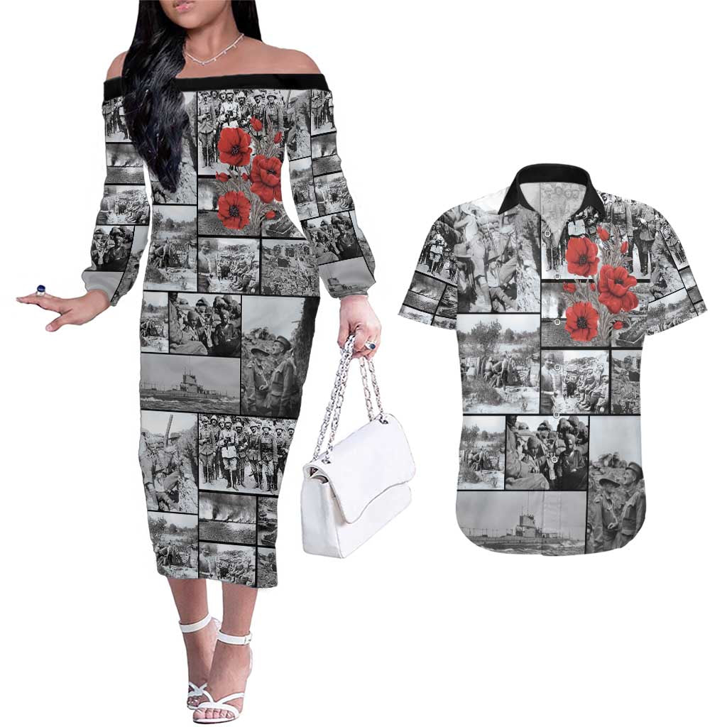 ANZAC Day Gallipoli Campaign Couples Matching Off The Shoulder Long Sleeve Dress and Hawaiian Shirt To The End They Remain LT9 Black - Polynesian Pride