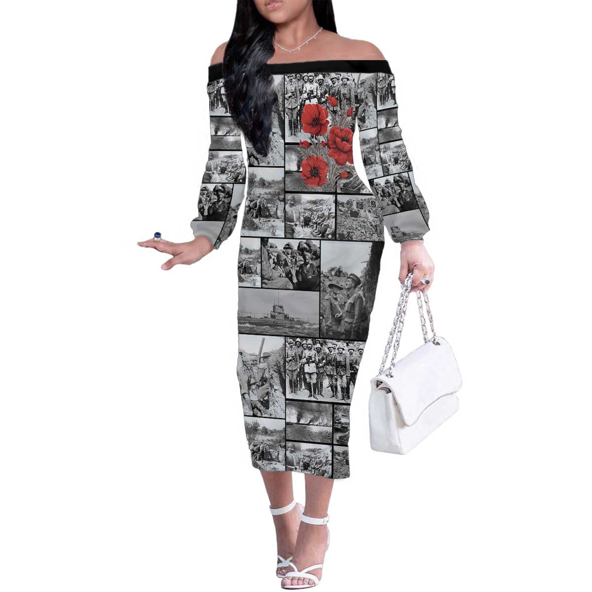 ANZAC Day Gallipoli Campaign Family Matching Off The Shoulder Long Sleeve Dress and Hawaiian Shirt To The End They Remain LT9 Mom's Dress Black - Polynesian Pride