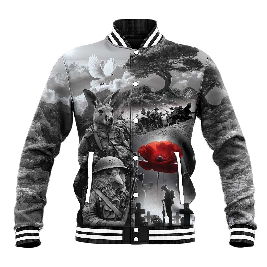Black ANZAC Day The Battle of Lone Pine Baseball Jacket Kiwi-Kangaroo Soldier Lest We Forget LT9 Unisex Black - Polynesian Pride
