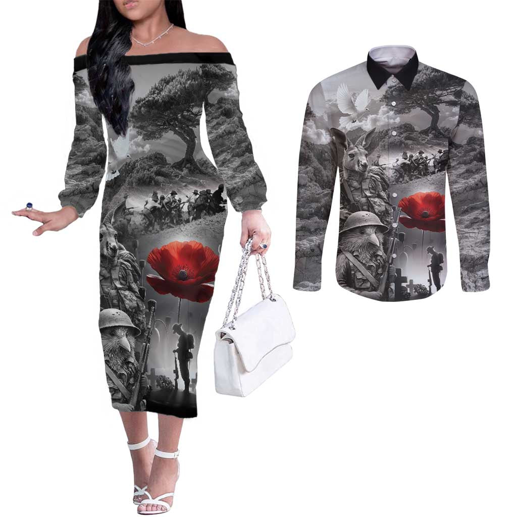Black ANZAC Day The Battle of Lone Pine Couples Matching Off The Shoulder Long Sleeve Dress and Long Sleeve Button Shirt Kiwi-Kangaroo Soldier Lest We Forget LT9 Black - Polynesian Pride