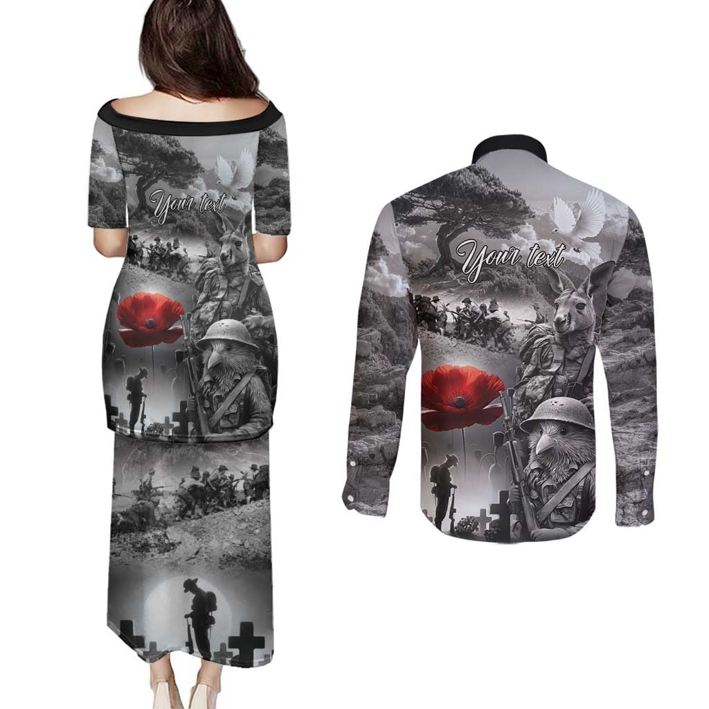 Black ANZAC Day The Battle of Lone Pine Couples Matching Puletasi and Long Sleeve Button Shirt Kiwi-Kangaroo Soldier Lest We Forget LT9 - Polynesian Pride