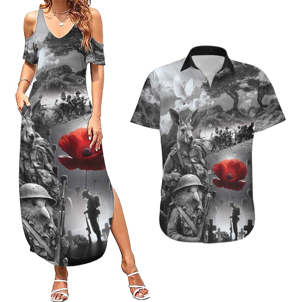 Black ANZAC Day The Battle of Lone Pine Couples Matching Summer Maxi Dress and Hawaiian Shirt Kiwi-Kangaroo Soldier Lest We Forget LT9 Black - Polynesian Pride