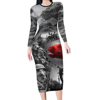 Black ANZAC Day The Battle of Lone Pine Family Matching Long Sleeve Bodycon Dress and Hawaiian Shirt Kiwi-Kangaroo Soldier Lest We Forget LT9 Mom's Dress Black - Polynesian Pride