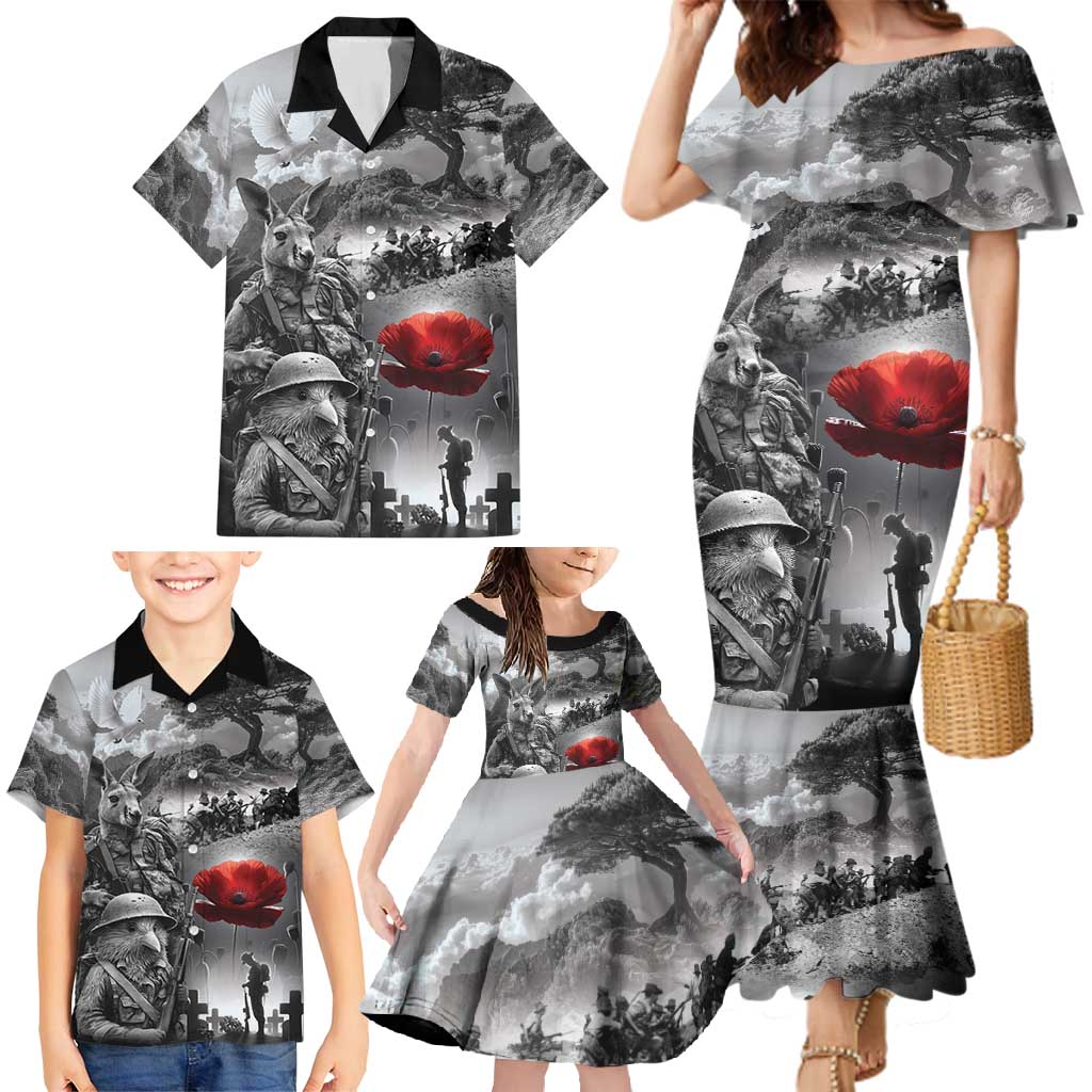 Black ANZAC Day The Battle of Lone Pine Family Matching Mermaid Dress and Hawaiian Shirt Kiwi-Kangaroo Soldier Lest We Forget