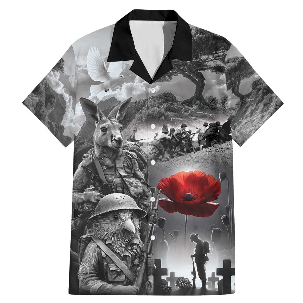 Black ANZAC Day The Battle of Lone Pine Family Matching Mermaid Dress and Hawaiian Shirt Kiwi-Kangaroo Soldier Lest We Forget LT9 Dad's Shirt - Short Sleeve Black - Polynesian Pride