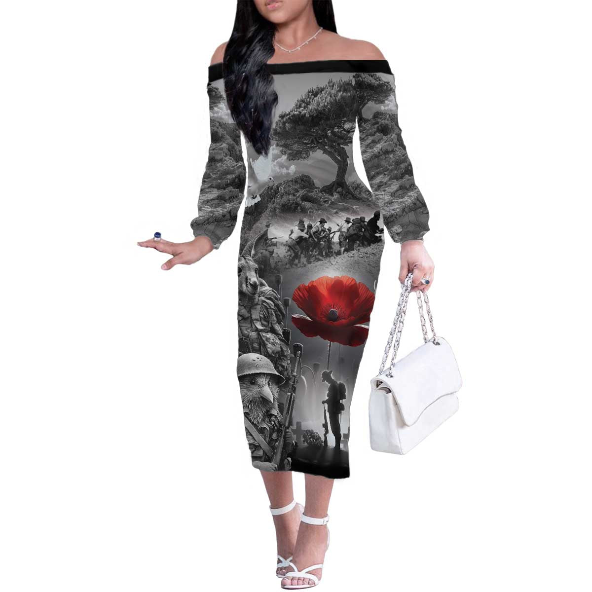 Black ANZAC Day The Battle of Lone Pine Family Matching Off The Shoulder Long Sleeve Dress and Hawaiian Shirt Kiwi-Kangaroo Soldier Lest We Forget LT9 Mom's Dress Black - Polynesian Pride