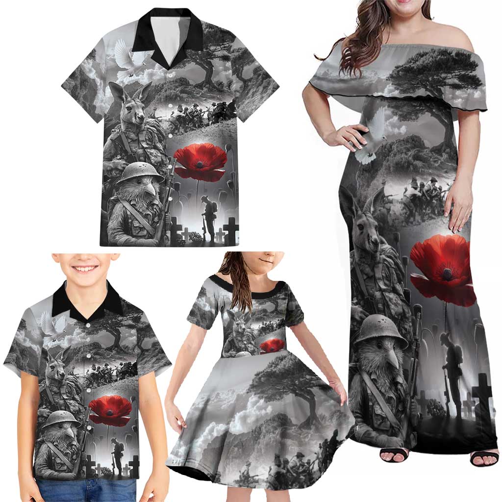 Black ANZAC Day The Battle of Lone Pine Family Matching Off Shoulder Maxi Dress and Hawaiian Shirt Kiwi-Kangaroo Soldier Lest We Forget LT9 - Polynesian Pride