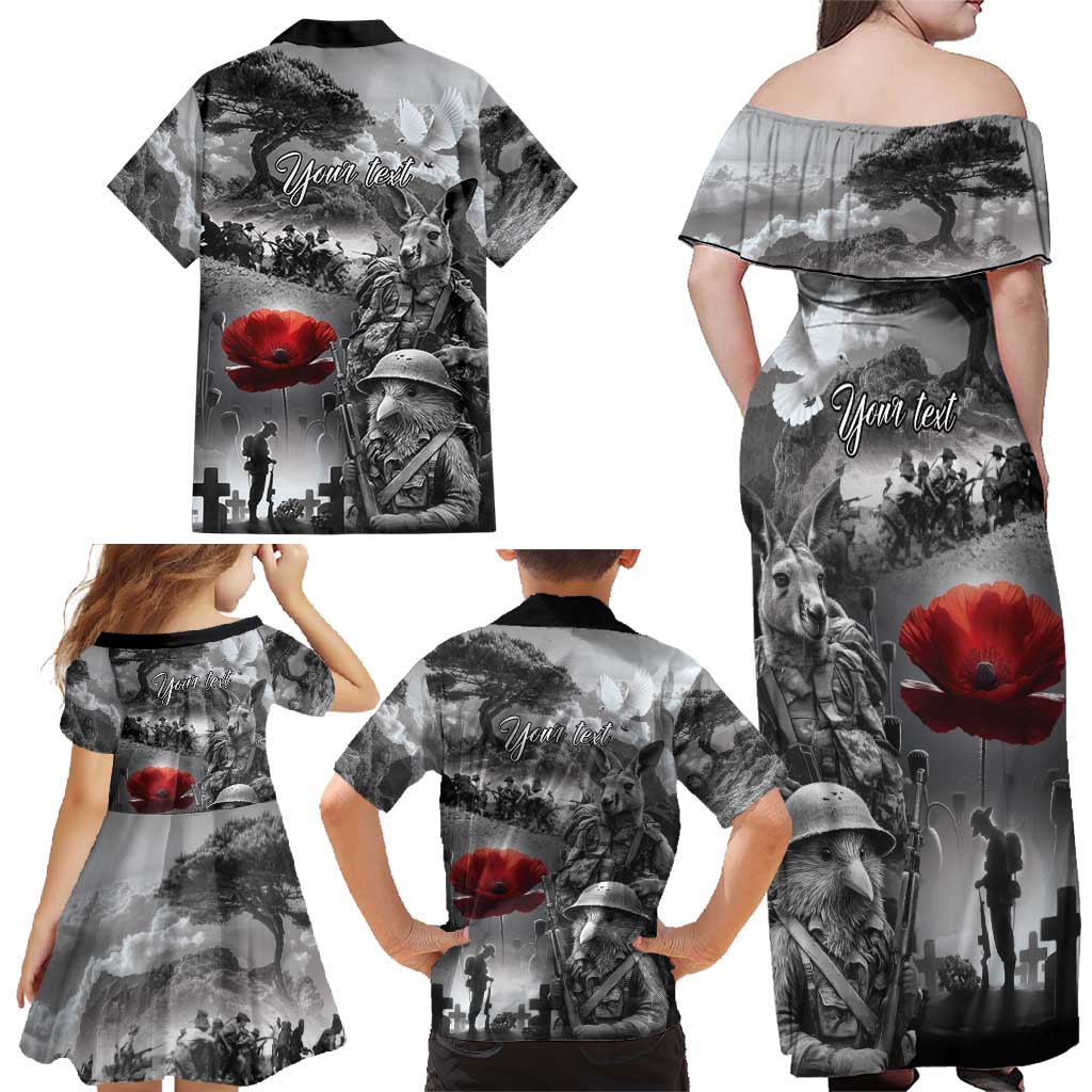 Black ANZAC Day The Battle of Lone Pine Family Matching Off Shoulder Maxi Dress and Hawaiian Shirt Kiwi-Kangaroo Soldier Lest We Forget LT9 - Polynesian Pride