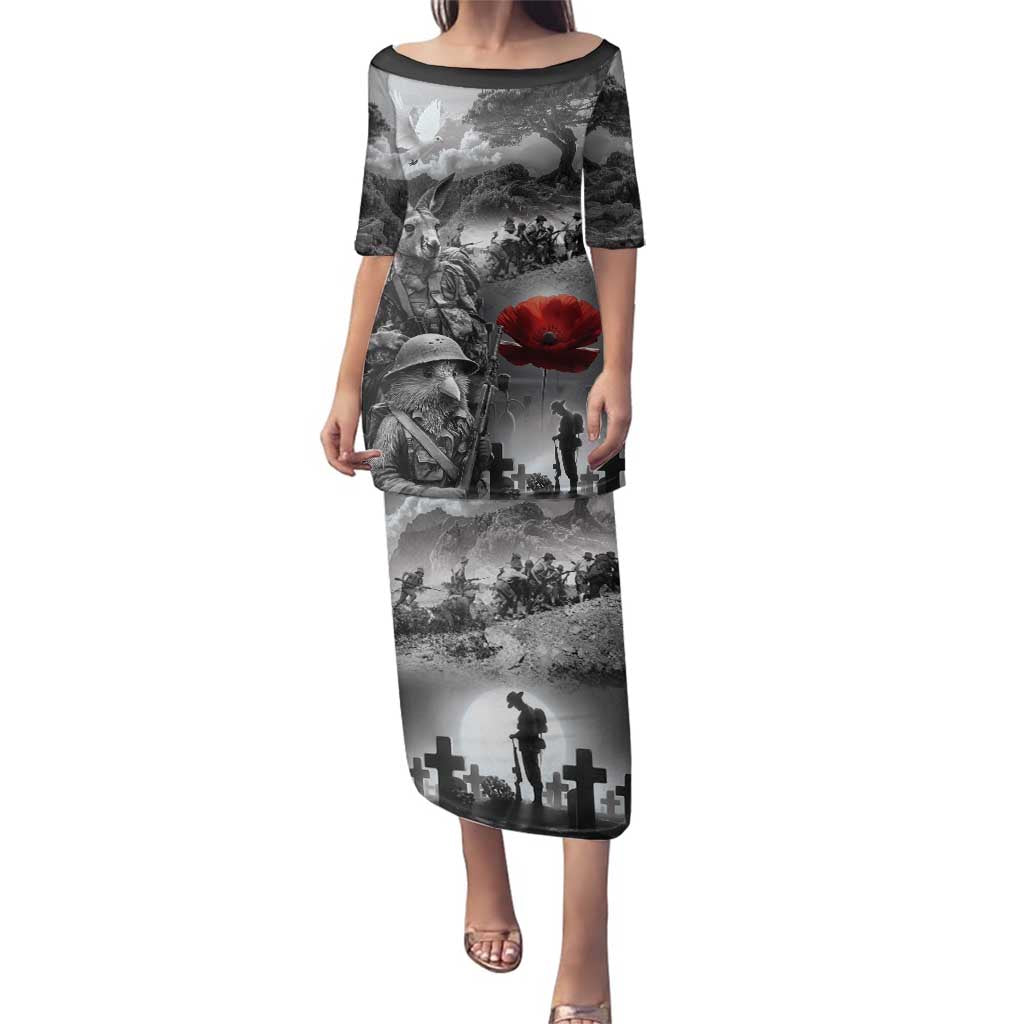 Black ANZAC Day The Battle of Lone Pine Family Matching Puletasi and Hawaiian Shirt Kiwi-Kangaroo Soldier Lest We Forget LT9 Mom's Dress Black - Polynesian Pride