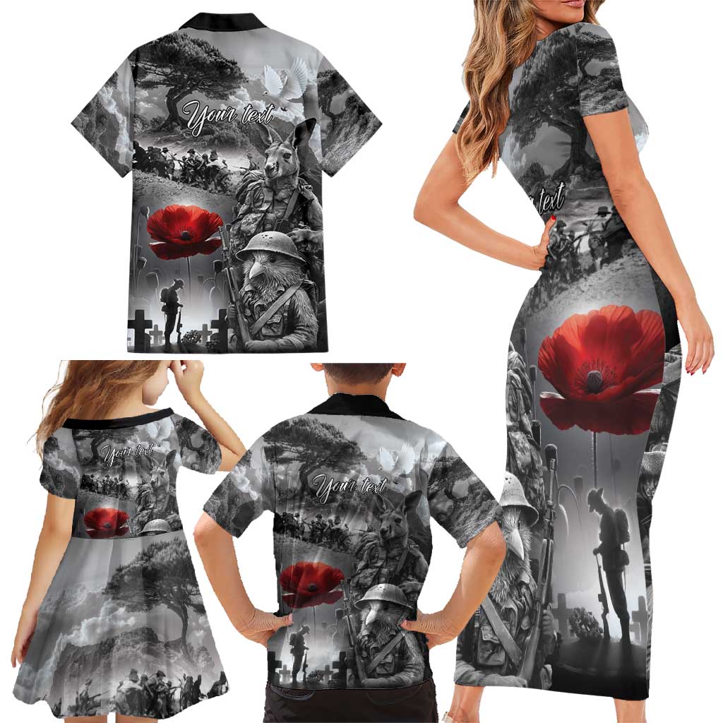 Black ANZAC Day The Battle of Lone Pine Family Matching Short Sleeve Bodycon Dress and Hawaiian Shirt Kiwi-Kangaroo Soldier Lest We Forget LT9 - Polynesian Pride