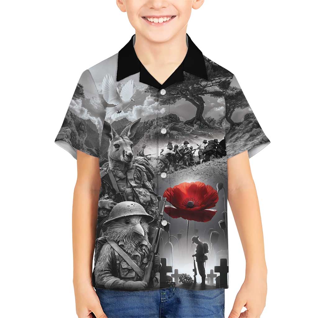Black ANZAC Day The Battle of Lone Pine Family Matching Short Sleeve Bodycon Dress and Hawaiian Shirt Kiwi-Kangaroo Soldier Lest We Forget LT9 Son's Shirt Black - Polynesian Pride