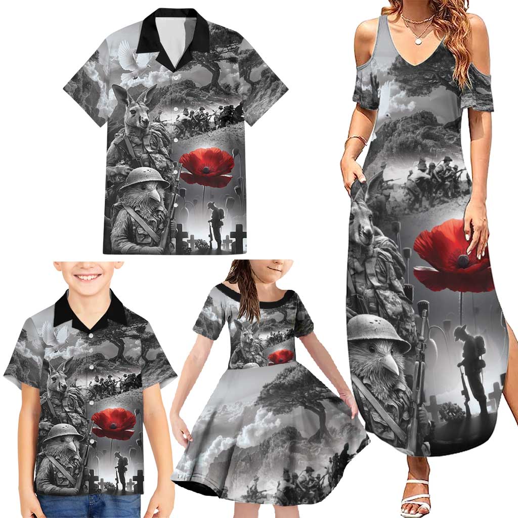 Black ANZAC Day The Battle of Lone Pine Family Matching Summer Maxi Dress and Hawaiian Shirt Kiwi-Kangaroo Soldier Lest We Forget LT9 - Polynesian Pride