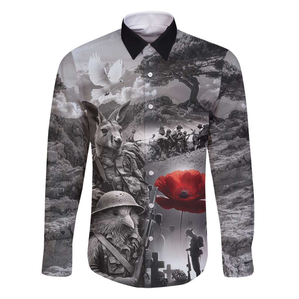 Black ANZAC Day The Battle of Lone Pine Family Matching Summer Maxi Dress and Hawaiian Shirt Kiwi-Kangaroo Soldier Lest We Forget LT9 Dad's Shirt - Long Sleeve Black - Polynesian Pride