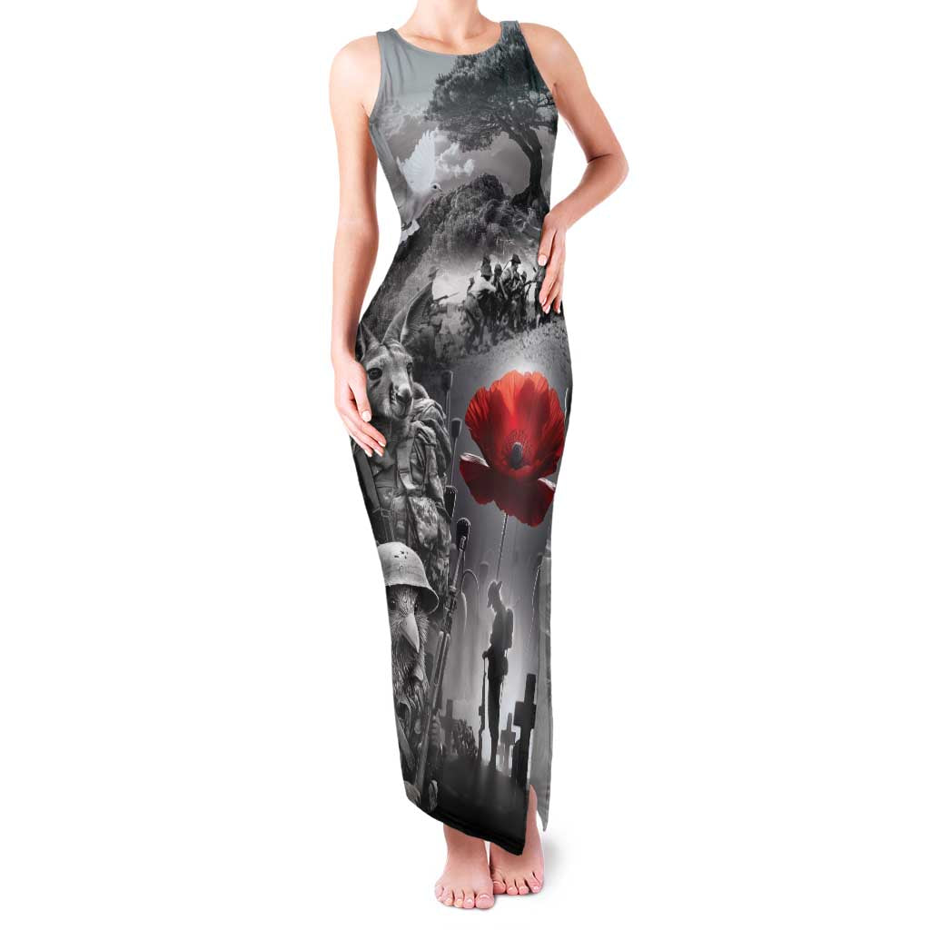 Black ANZAC Day The Battle of Lone Pine Family Matching Tank Maxi Dress and Hawaiian Shirt Kiwi-Kangaroo Soldier Lest We Forget LT9 Mom's Dress Black - Polynesian Pride