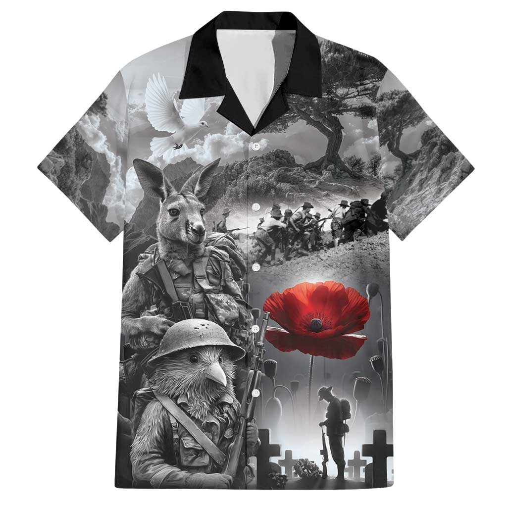 Black ANZAC Day The Battle of Lone Pine Hawaiian Shirt Kiwi-Kangaroo Soldier Lest We Forget LT9 Black - Polynesian Pride