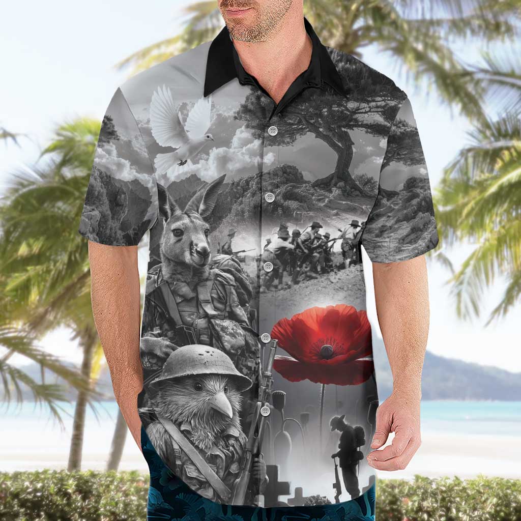 Black ANZAC Day The Battle of Lone Pine Hawaiian Shirt Kiwi-Kangaroo Soldier Lest We Forget LT9 - Polynesian Pride