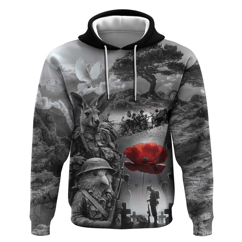 Black ANZAC Day The Battle of Lone Pine Hoodie Kiwi-Kangaroo Soldier Lest We Forget LT9 Pullover Hoodie Black - Polynesian Pride