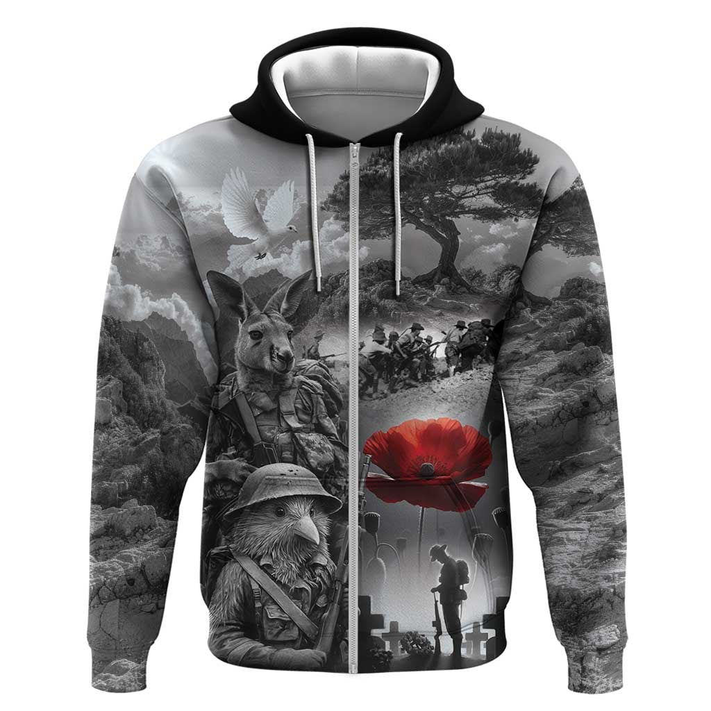 Black ANZAC Day The Battle of Lone Pine Hoodie Kiwi-Kangaroo Soldier Lest We Forget LT9 Zip Hoodie Black - Polynesian Pride