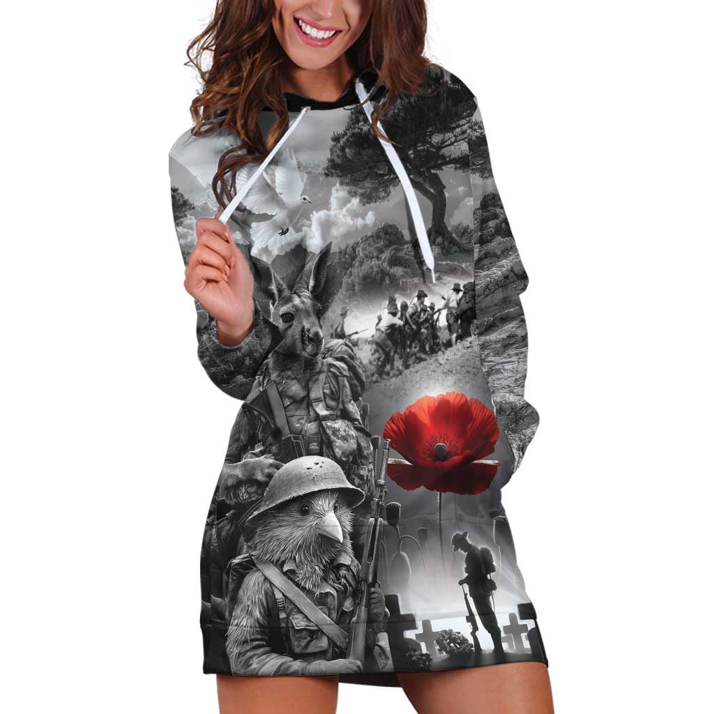 Black ANZAC Day The Battle of Lone Pine Hoodie Dress Kiwi-Kangaroo Soldier Lest We Forget LT9 Black - Polynesian Pride