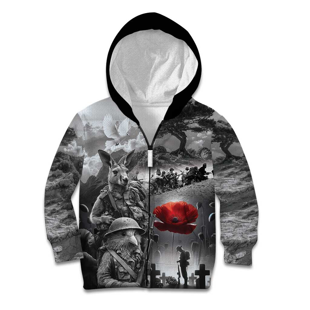 Black ANZAC Day The Battle of Lone Pine Kid Hoodie Kiwi-Kangaroo Soldier Lest We Forget LT9 Zip Hoodie Black - Polynesian Pride