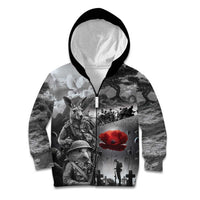 Black ANZAC Day The Battle of Lone Pine Kid Hoodie Kiwi-Kangaroo Soldier Lest We Forget LT9 Zip Hoodie Black - Polynesian Pride