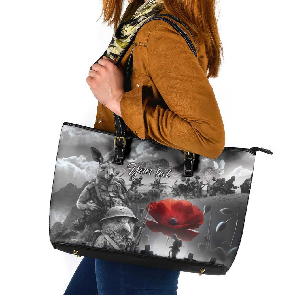 Black ANZAC Day The Battle of Lone Pine Leather Tote Bag Kiwi-Kangaroo Soldier Lest We Forget LT9 Black - Polynesian Pride