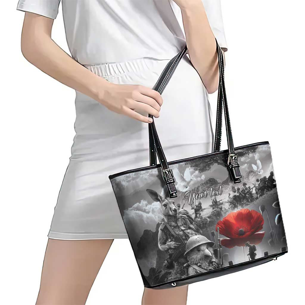 Black ANZAC Day The Battle of Lone Pine Leather Tote Bag Kiwi-Kangaroo Soldier Lest We Forget LT9 - Polynesian Pride
