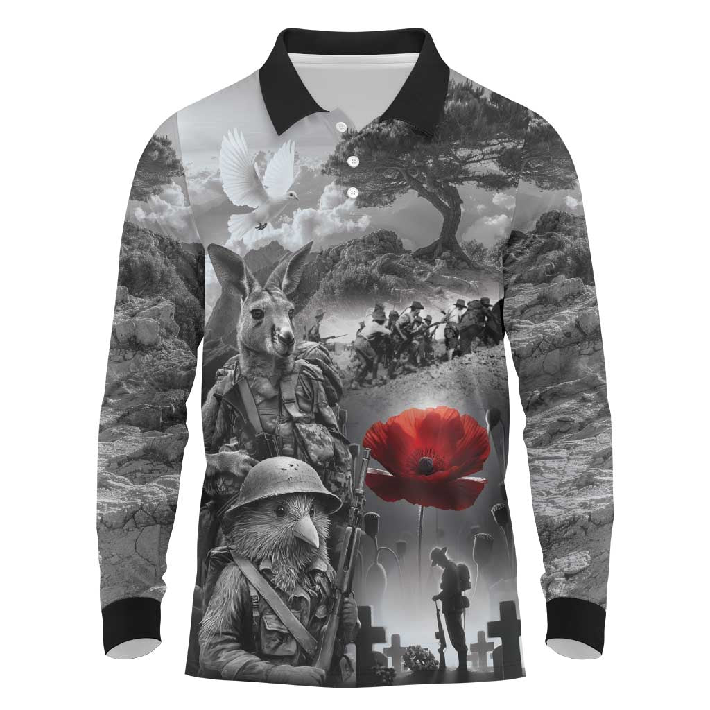 Black ANZAC Day The Battle of Lone Pine Long Sleeve Polo Shirt Kiwi-Kangaroo Soldier Lest We Forget LT9 Black - Polynesian Pride
