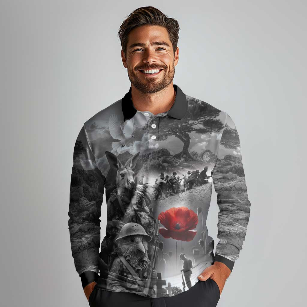 Black ANZAC Day The Battle of Lone Pine Long Sleeve Polo Shirt Kiwi-Kangaroo Soldier Lest We Forget LT9 - Polynesian Pride