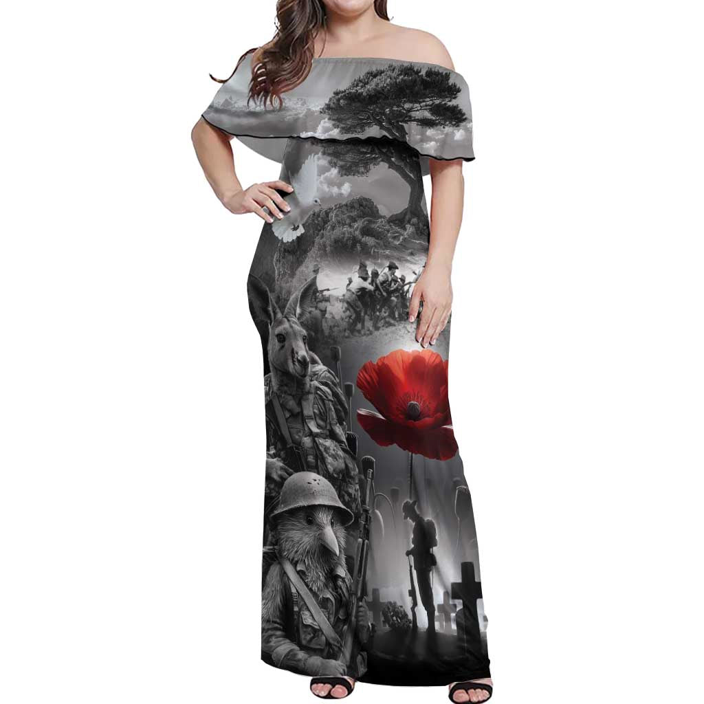 Black ANZAC Day The Battle of Lone Pine Off Shoulder Maxi Dress Kiwi-Kangaroo Soldier Lest We Forget LT9 Women Black - Polynesian Pride