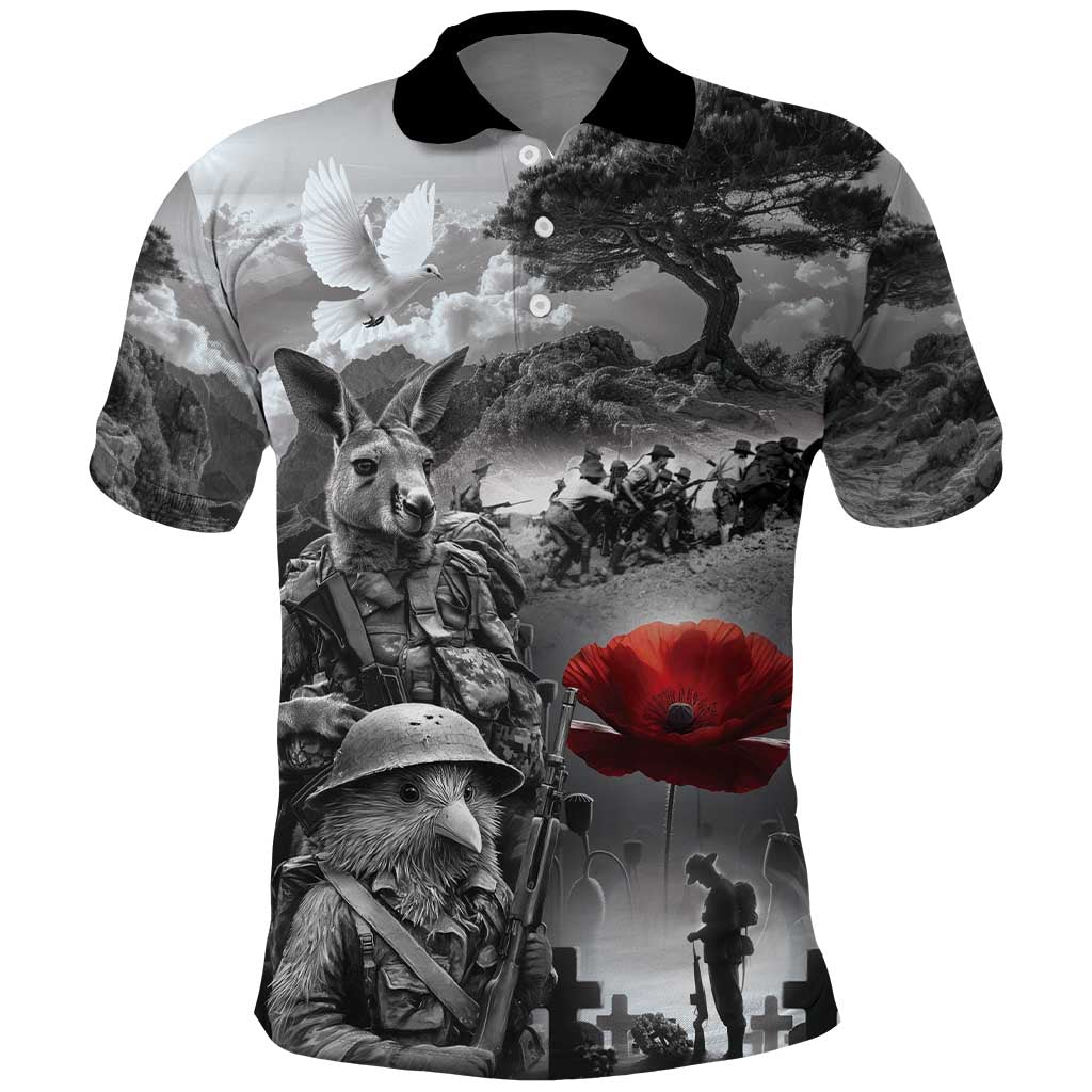 Black ANZAC Day The Battle of Lone Pine Polo Shirt Kiwi-Kangaroo Soldier Lest We Forget LT9 Black - Polynesian Pride