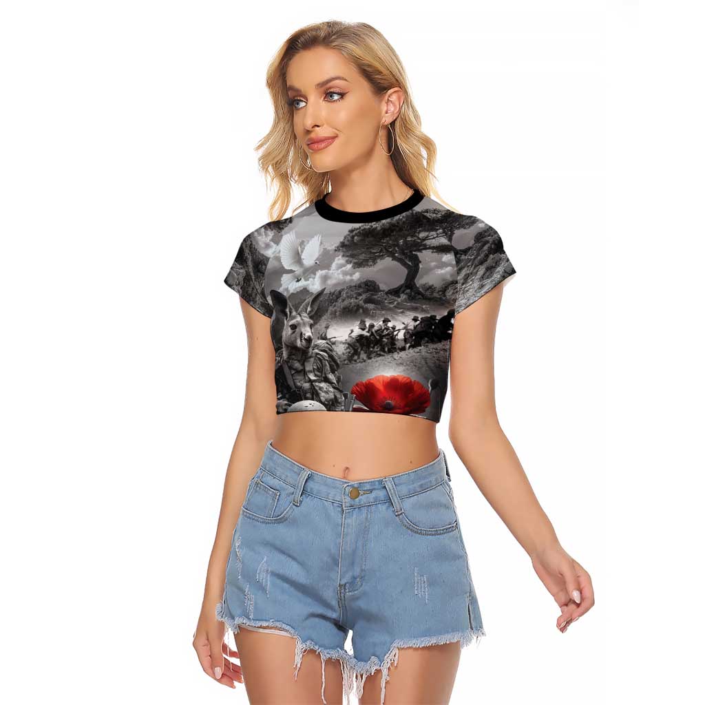 Black ANZAC Day The Battle of Lone Pine Raglan Cropped T Shirt Kiwi-Kangaroo Soldier Lest We Forget LT9 Female Black - Polynesian Pride