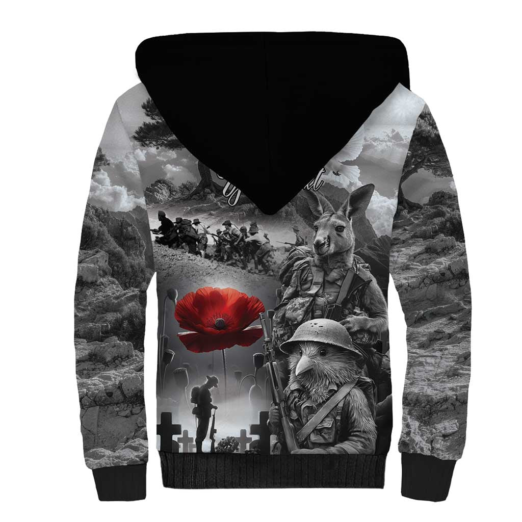Black ANZAC Day The Battle of Lone Pine Sherpa Hoodie Kiwi-Kangaroo Soldier Lest We Forget LT9 - Polynesian Pride