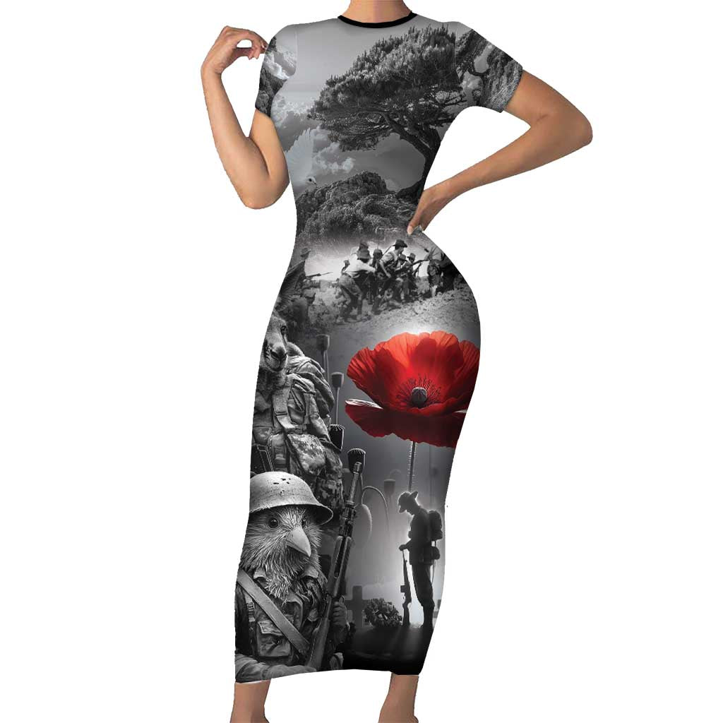 Black ANZAC Day The Battle of Lone Pine Short Sleeve Bodycon Dress Kiwi-Kangaroo Soldier Lest We Forget LT9 Long Dress Black - Polynesian Pride