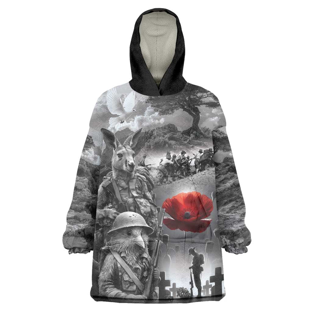 Black ANZAC Day The Battle of Lone Pine Wearable Blanket Hoodie Kiwi-Kangaroo Soldier Lest We Forget LT9 One Size Black - Polynesian Pride