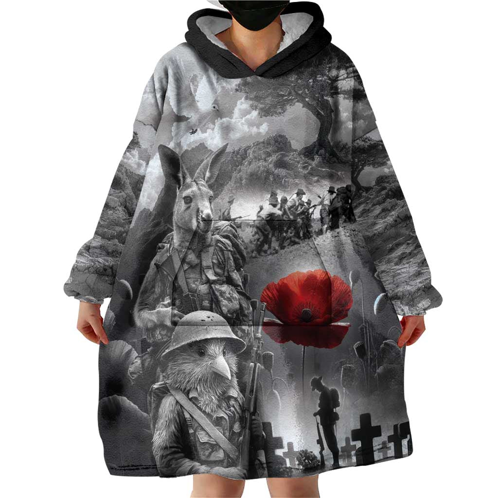 Black ANZAC Day The Battle of Lone Pine Wearable Blanket Hoodie Kiwi-Kangaroo Soldier Lest We Forget LT9 - Polynesian Pride