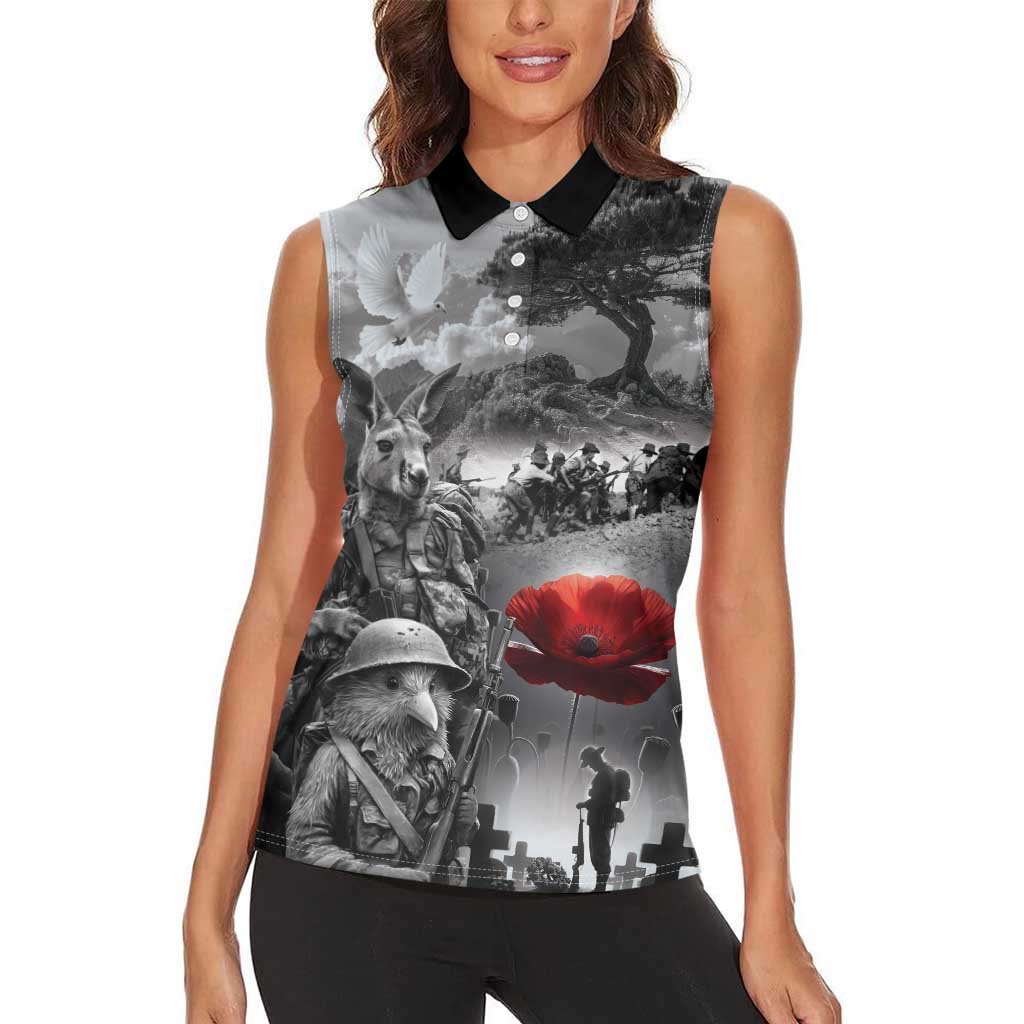 Black ANZAC Day The Battle of Lone Pine Women Sleeveless Polo Shirt Kiwi-Kangaroo Soldier Lest We Forget LT9 - Polynesian Pride