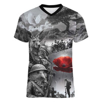 Black ANZAC Day The Battle of Lone Pine Women V-Neck T-Shirt Kiwi-Kangaroo Soldier Lest We Forget LT9 Female Black - Polynesian Pride
