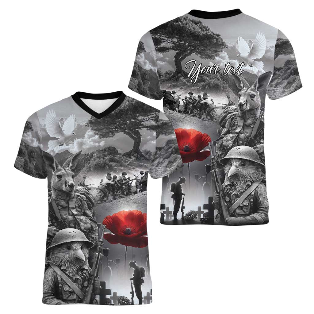 Black ANZAC Day The Battle of Lone Pine Women V-Neck T-Shirt Kiwi-Kangaroo Soldier Lest We Forget LT9 - Polynesian Pride