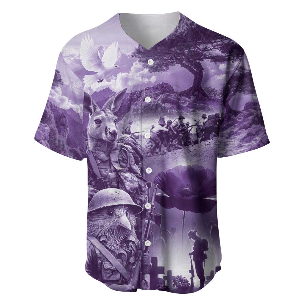 Purple ANZAC Day The Battle of Lone Pine Baseball Jersey Kiwi-Kangaroo Soldier Lest We Forget LT9 Purple - Polynesian Pride