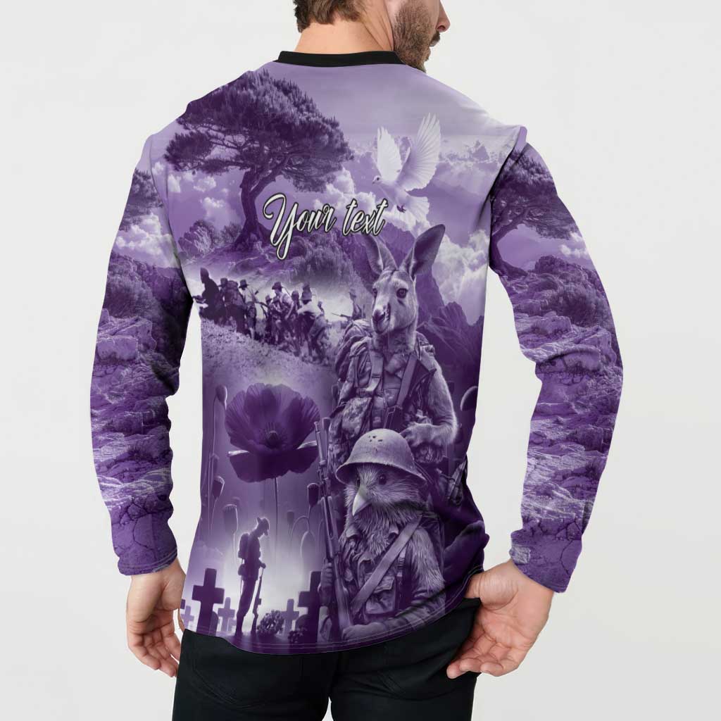 Purple ANZAC Day The Battle of Lone Pine Button Sweatshirt Kiwi-Kangaroo Soldier Lest We Forget LT9 - Polynesian Pride