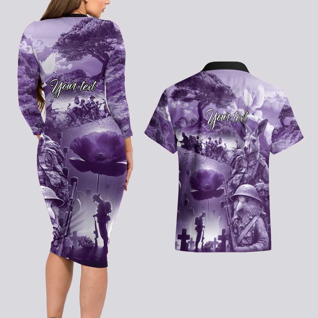 Purple ANZAC Day The Battle of Lone Pine Couples Matching Long Sleeve Bodycon Dress and Hawaiian Shirt Kiwi-Kangaroo Soldier Lest We Forget LT9 - Polynesian Pride