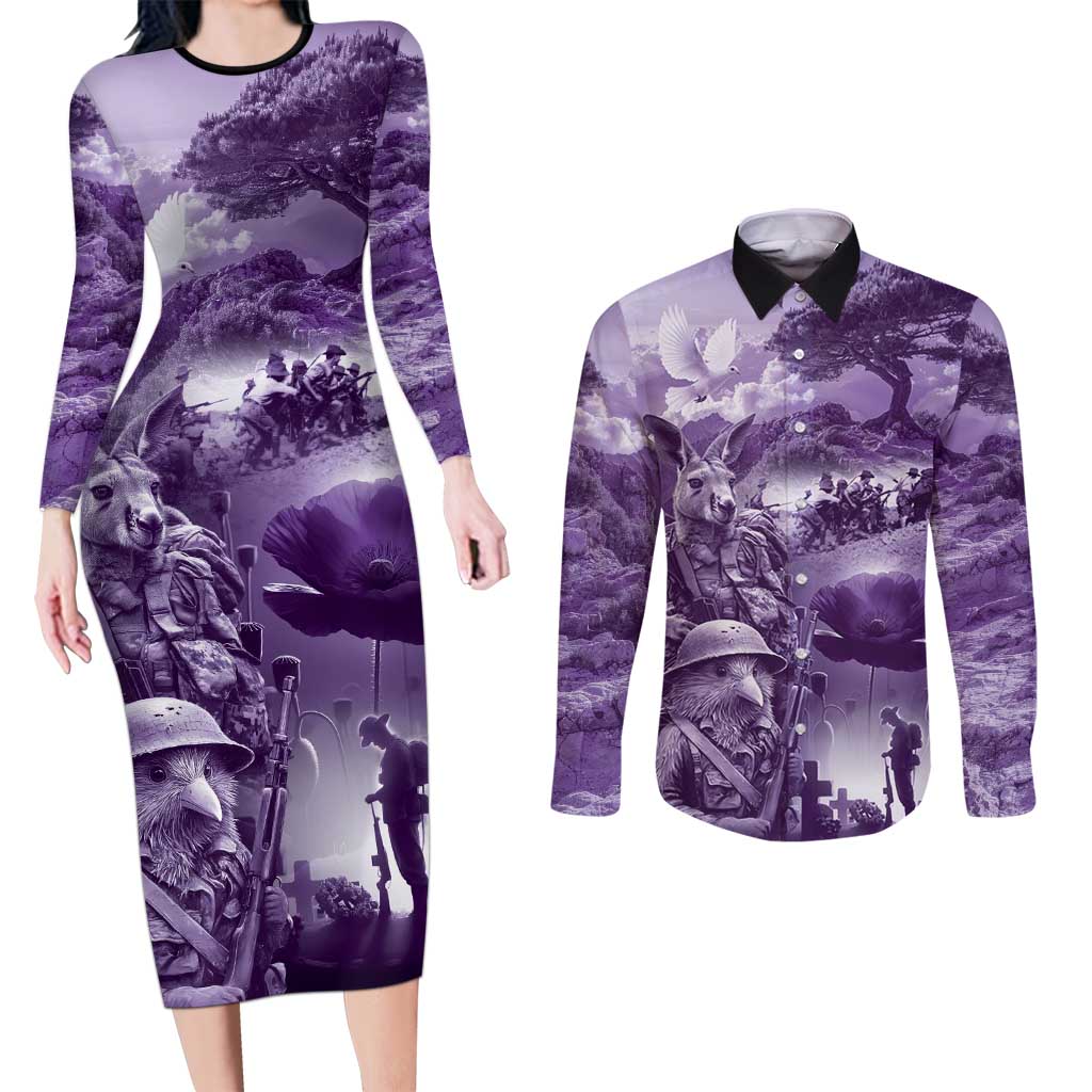 Purple ANZAC Day The Battle of Lone Pine Couples Matching Long Sleeve Bodycon Dress and Long Sleeve Button Shirt Kiwi-Kangaroo Soldier Lest We Forget LT9 Purple - Polynesian Pride