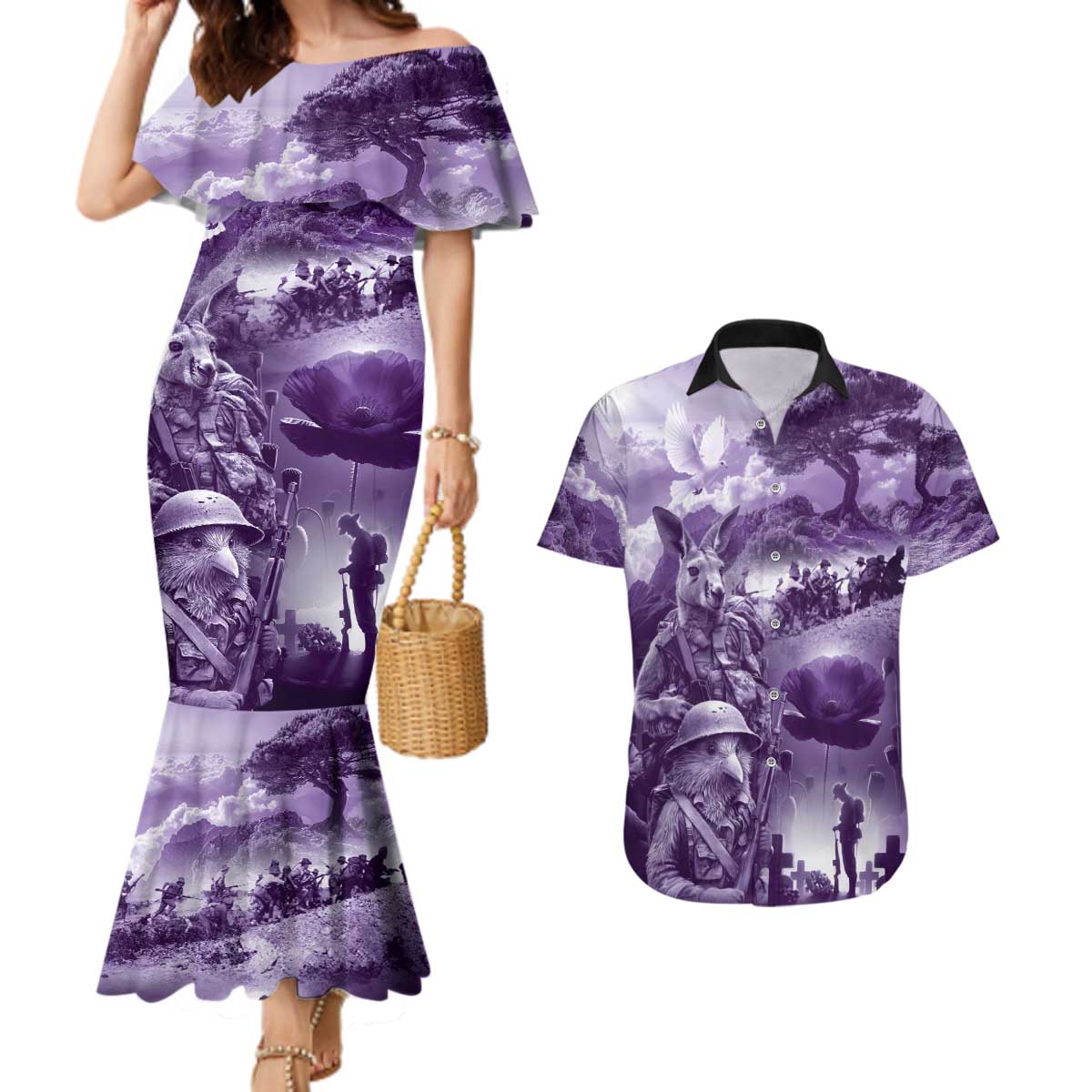 Purple ANZAC Day The Battle of Lone Pine Couples Matching Mermaid Dress and Hawaiian Shirt Kiwi-Kangaroo Soldier Lest We Forget LT9 Purple - Polynesian Pride