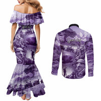 Purple ANZAC Day The Battle of Lone Pine Couples Matching Mermaid Dress and Long Sleeve Button Shirt Kiwi-Kangaroo Soldier Lest We Forget LT9 - Polynesian Pride