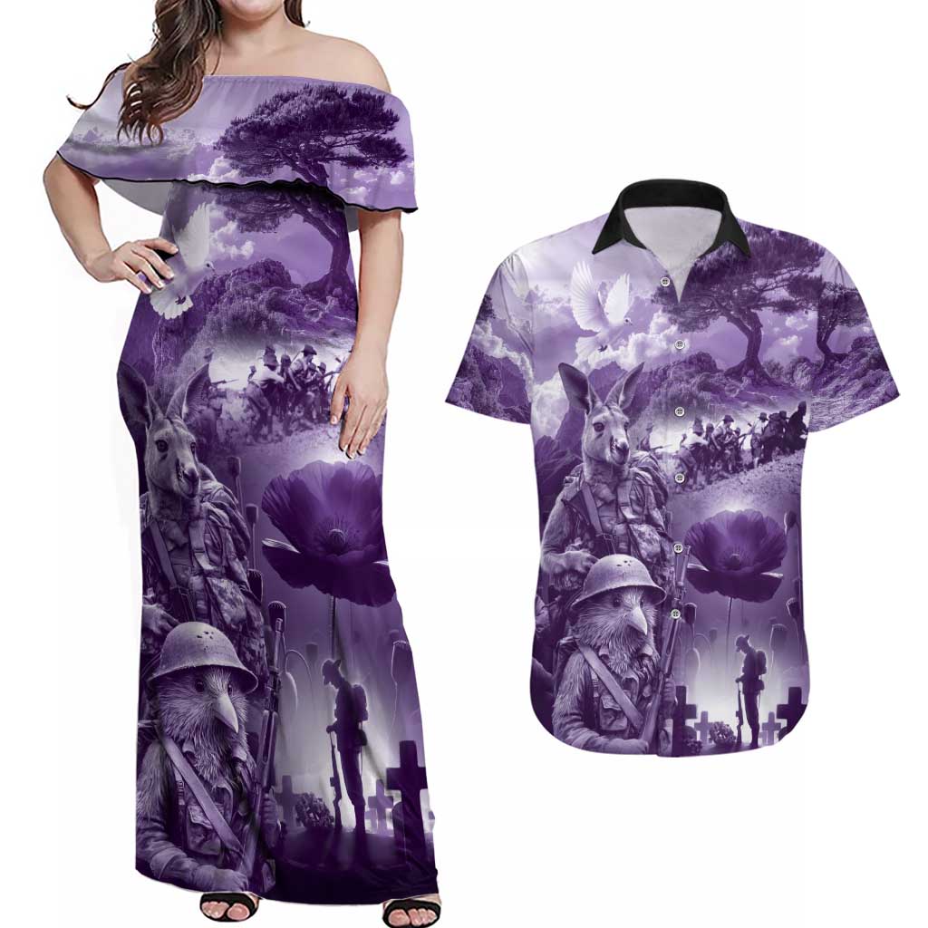 Purple ANZAC Day The Battle of Lone Pine Couples Matching Off Shoulder Maxi Dress and Hawaiian Shirt Kiwi-Kangaroo Soldier Lest We Forget LT9 Purple - Polynesian Pride