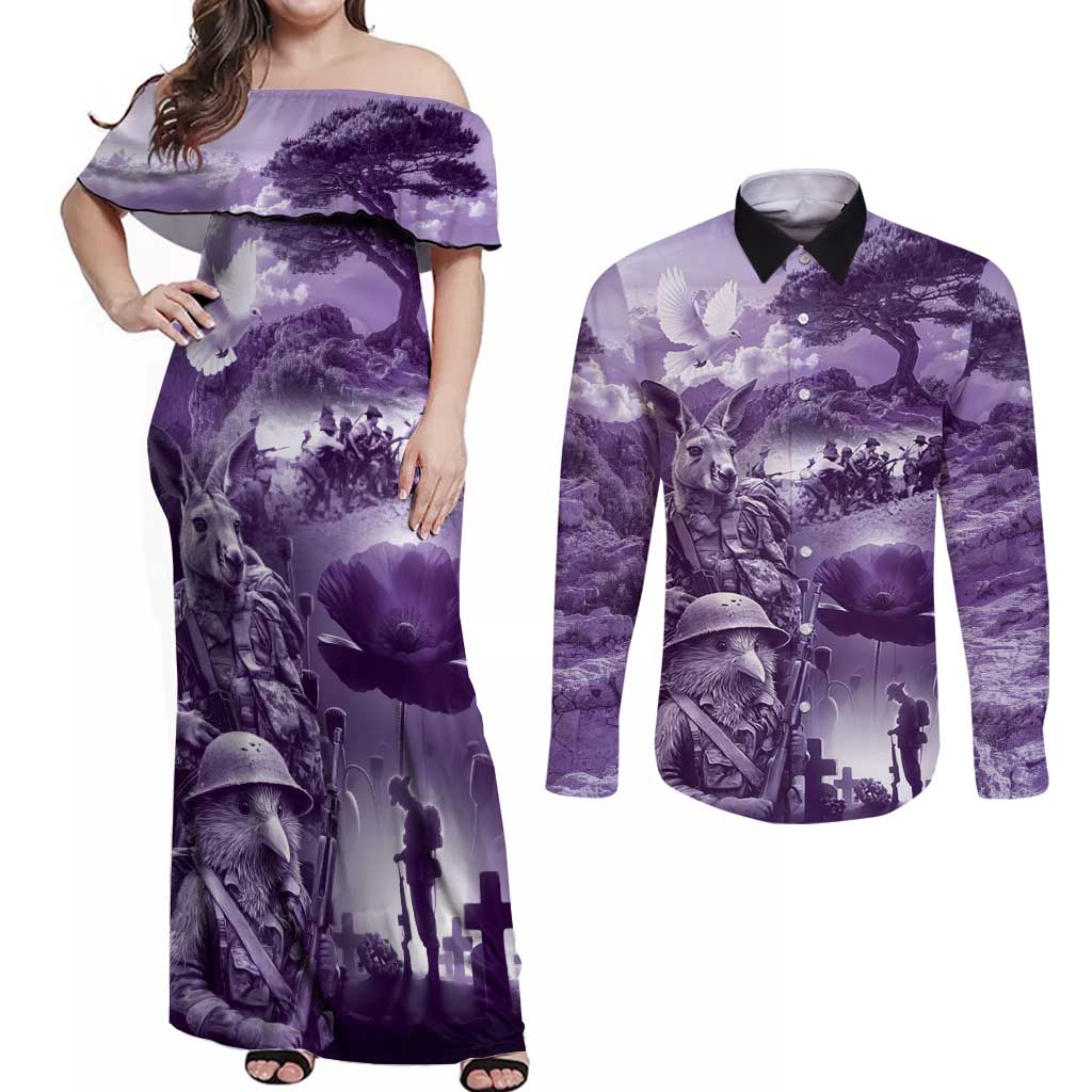 Purple ANZAC Day The Battle of Lone Pine Couples Matching Off Shoulder Maxi Dress and Long Sleeve Button Shirt Kiwi-Kangaroo Soldier Lest We Forget LT9 Purple - Polynesian Pride