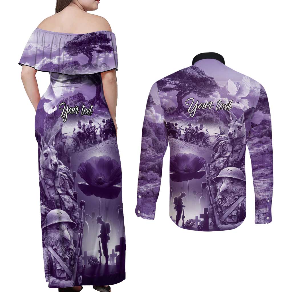 Purple ANZAC Day The Battle of Lone Pine Couples Matching Off Shoulder Maxi Dress and Long Sleeve Button Shirt Kiwi-Kangaroo Soldier Lest We Forget LT9 - Polynesian Pride