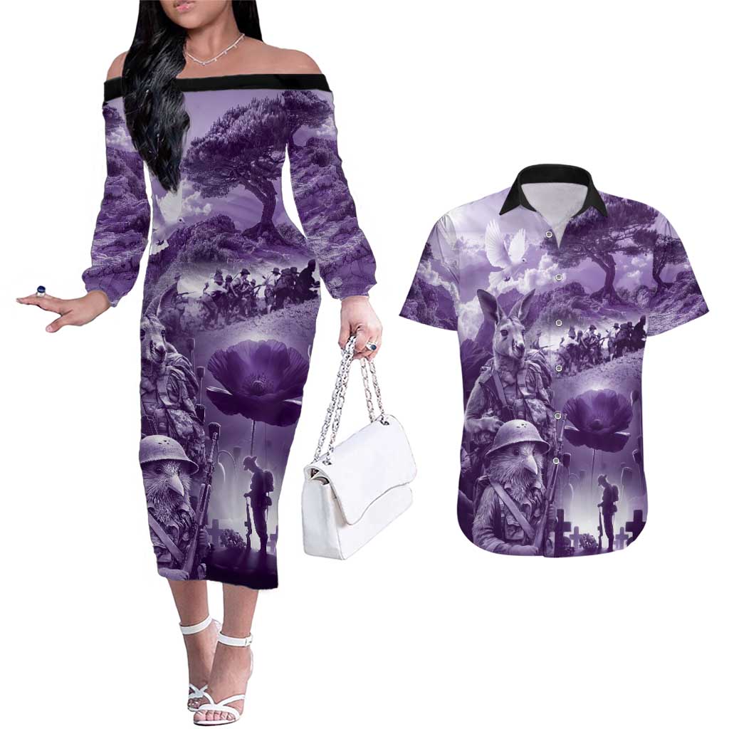 Purple ANZAC Day The Battle of Lone Pine Couples Matching Off The Shoulder Long Sleeve Dress and Hawaiian Shirt Kiwi-Kangaroo Soldier Lest We Forget