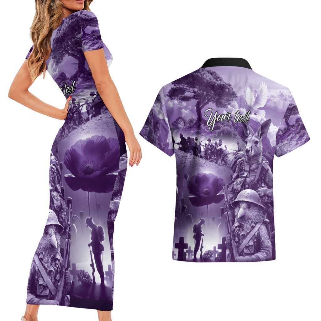 Purple ANZAC Day The Battle of Lone Pine Couples Matching Short Sleeve Bodycon Dress and Hawaiian Shirt Kiwi-Kangaroo Soldier Lest We Forget LT9 - Polynesian Pride
